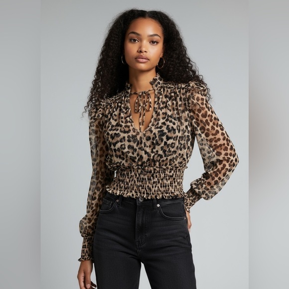 Free People Tops - Free People Leopard Mesh Smocked Top | Size XS | Sheer Puff Sleeve Blouse